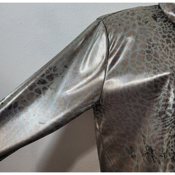 Vintage Connie Anderson Audio Gold Metallic Animal Print Button Up Top XS Soft - Picture 2 of 5